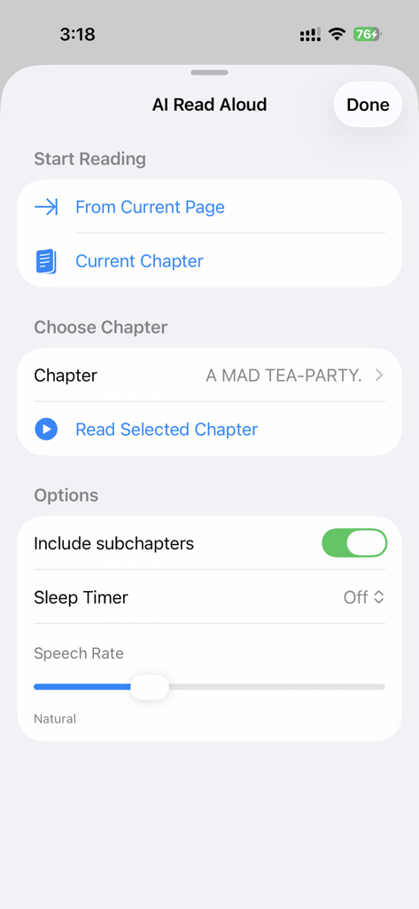 Bukai app AI Read Aloud settings menu showing options for chapter selection speech rate and sleep timer