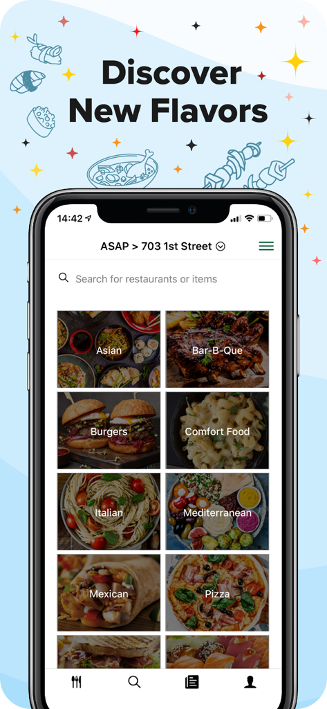 It's Cool Delivery - Its Cool Delivery app interface showing food categories such as Asian Burgers and Italian
