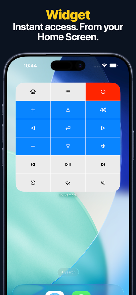 Um widget de controle remoto de TV em uma tela inicial do iPhone fornecendo acesso instantâneo aos controles de navegação de energia e volume