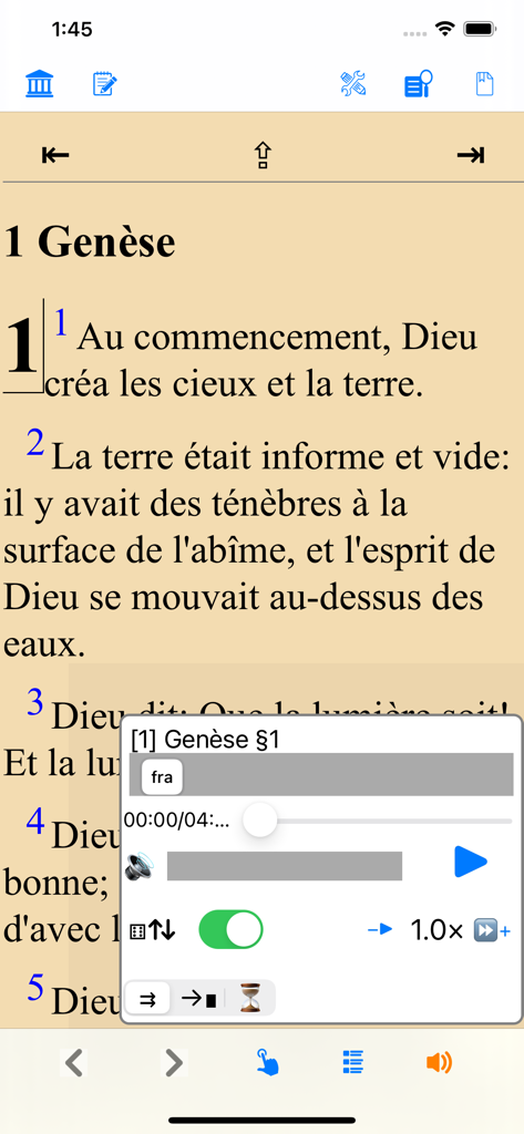 La Bible(Louis Segond 1910) - French Bible app showing the first chapter of Genesis with an audio playback control panel on a sepia background