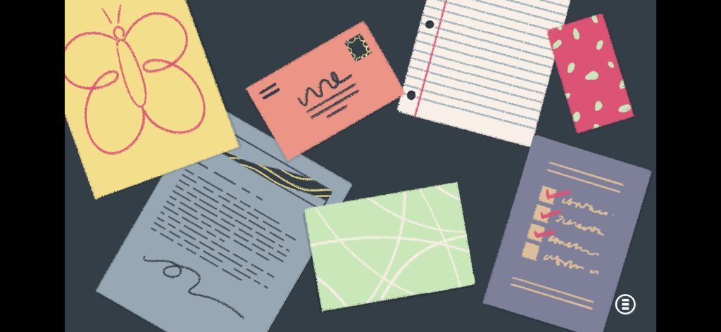 A Little to the Left - 整理パズル用に、暗い背景に散らばった手描きの紙やメモのコレクション。