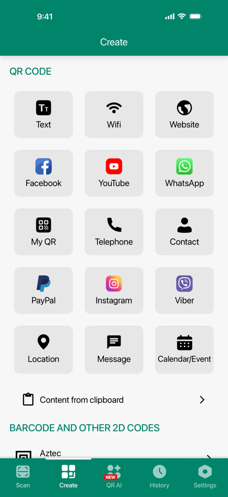 Interfaz de la aplicación AI QR Code Scanner que muestra múltiples opciones para crear diferentes tipos de códigos QR como wifi, sitio web y redes sociales