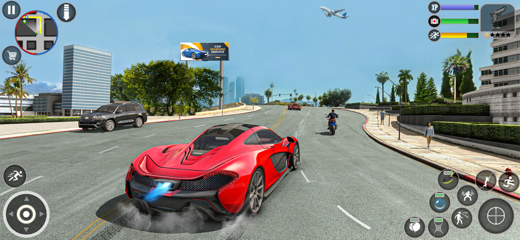 Gangster City Vegas Crime Game - Un'auto sportiva di lusso rossa sfreccia per una strada cittadina open-world in Gangster City Vegas Crime Game