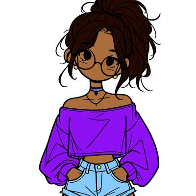 girl with a messy ponytail glasses a baggy crop top and jean shorts