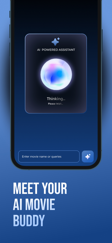 MyFlixer AI Powered Assistant interface with a glowing orb and movie query search bar