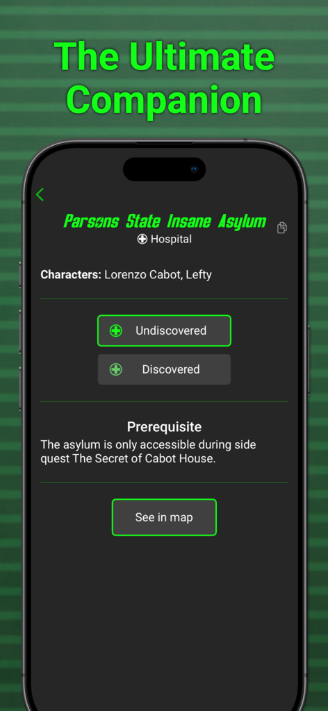 Fallout companion app showing location details for Parsons State Insane Asylum with quest prerequisites