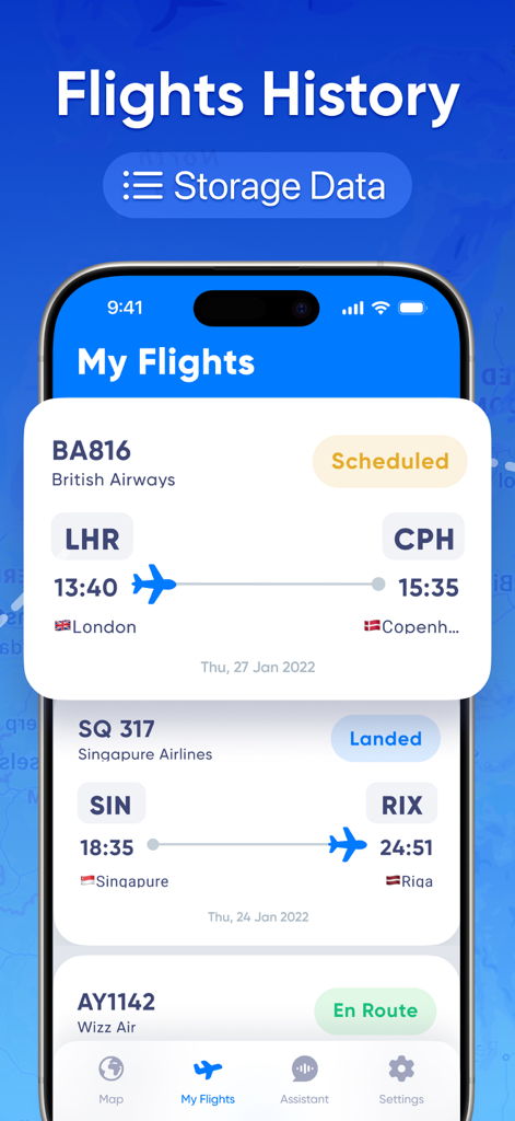 Flight Tracker・Air Plane Radar - スケジュール済み、着陸済み、飛行中などのステータスを持つ追跡済みフライトのリストを表示するフライトトラッカーアプリのインターフェース