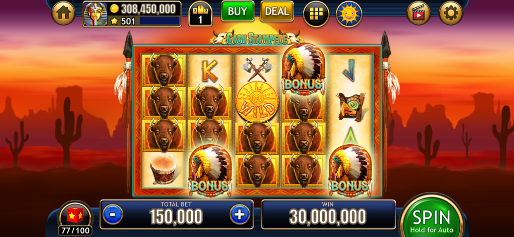 Buffalo themed slot machine game screen showing a large win with desert sunset background