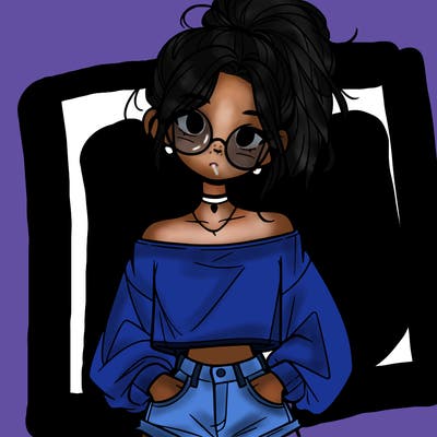 girl with a messy ponytail glasses a baggy crop top and jean shorts