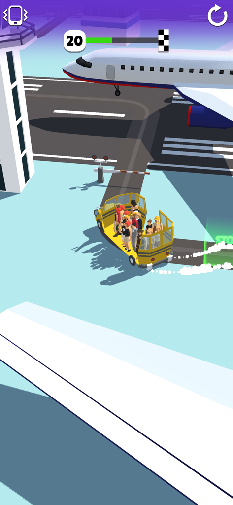 Bus Arrival 3D - Yellow bus carrying passengers near a large airplane on an airport tarmac in Bus Arrival 3D game.