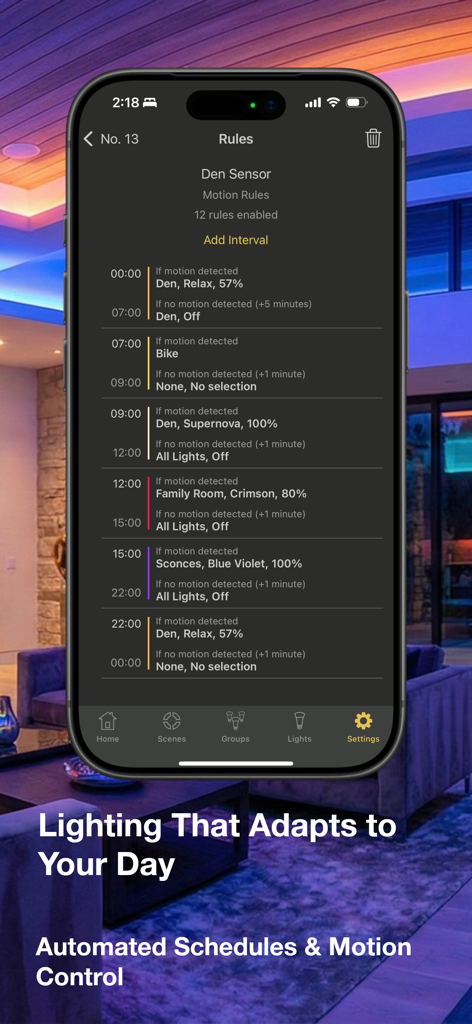 Interface of the Hue Lights app displaying a list of automated lighting rules based on time and motion sensor detection.