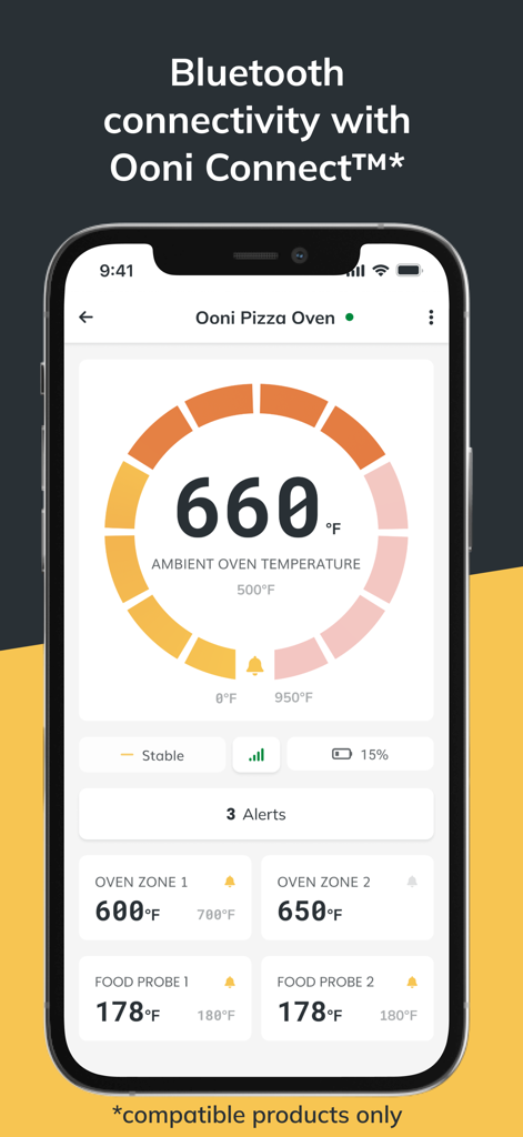 Écran de smartphone de l'application Ooni montrant les températures du four et de la sonde alimentaire