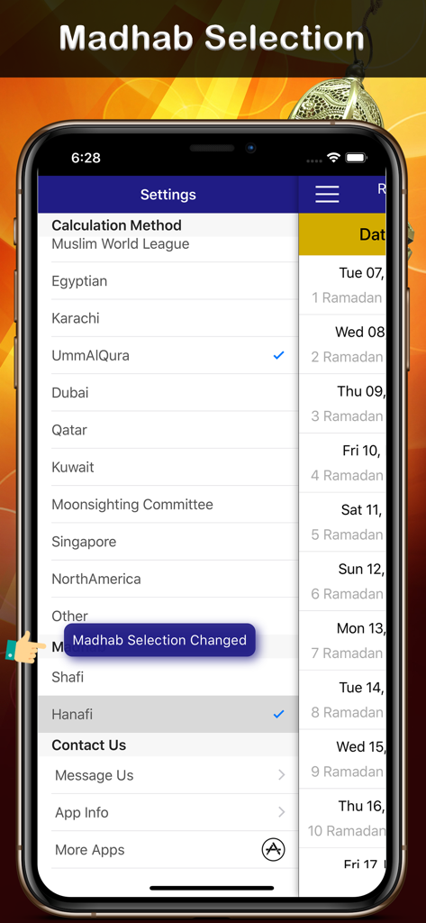 Ramadan Calendar app settings screen showing prayer time calculation methods and Madhab selection options.