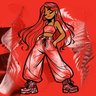 girl in baggy pants crop top and long hair