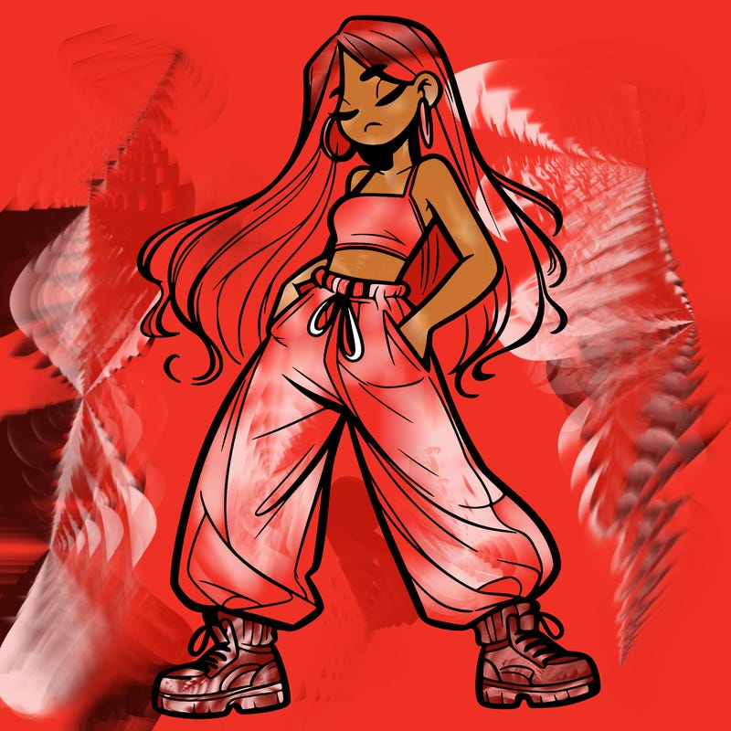 girl in baggy pants crop top and long hair