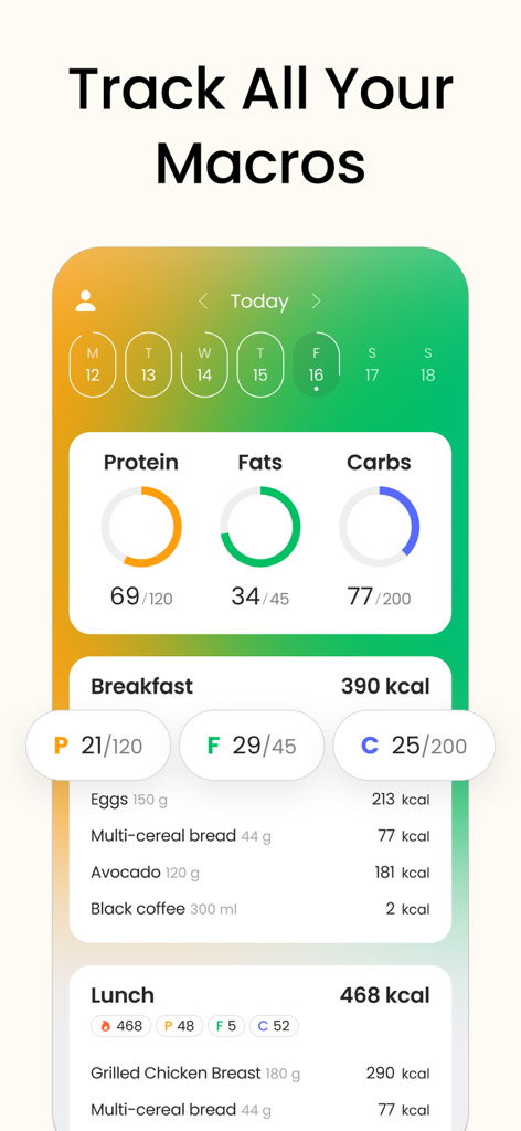 Interfaz de la aplicación Calorie Counter que muestra un panel de seguimiento de macros diario con progreso de proteínas, grasas y carbohidratos junto con un registro de alimentos del desayuno.