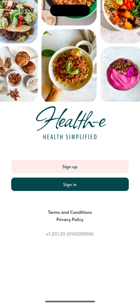 Health-e Simplified app login and sign up screen with healthy food photos
