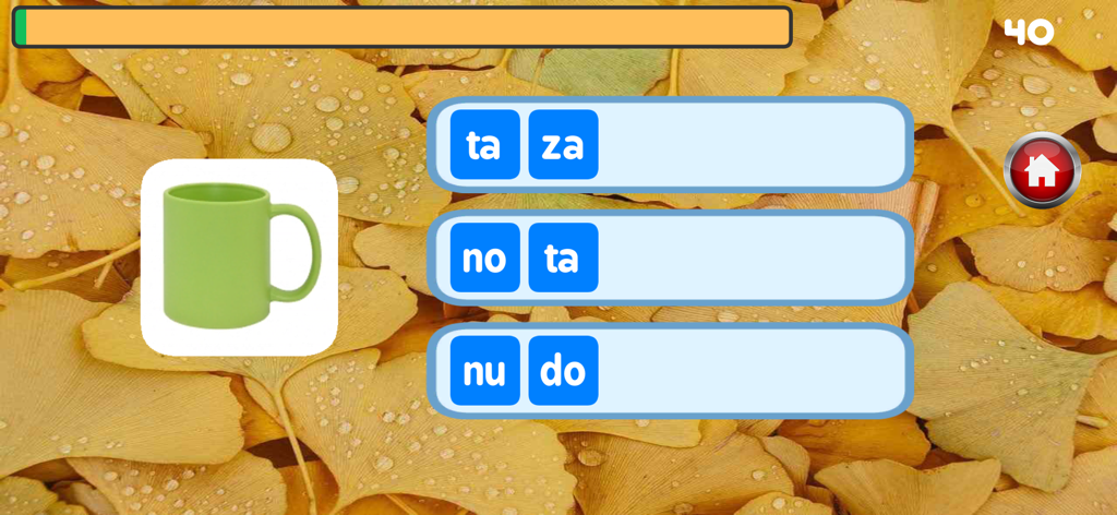 Sílabas y palabras Pro - Interfaz de la aplicación de aprendizaje del idioma español que muestra la imagen de una taza verde y opciones de sílabas para formar la palabra taza