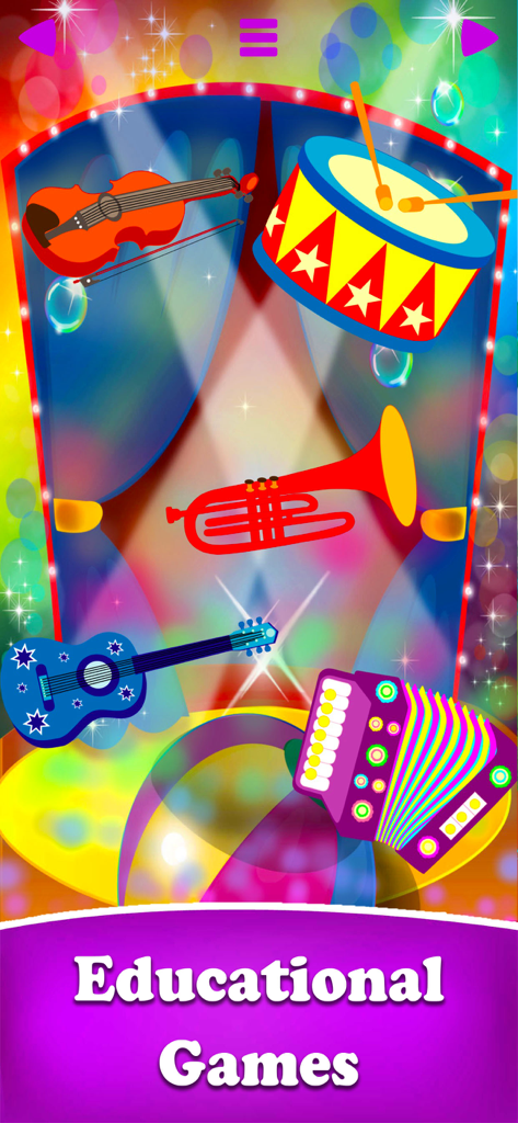 Colorful musical instruments like a drum, trumpet, and guitar on a stage in a game for kids.