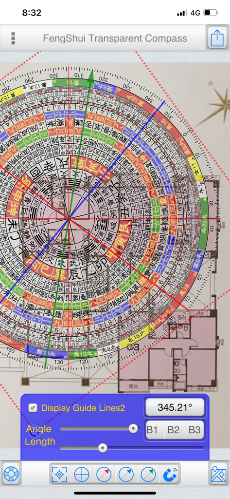 FengShui Transparent Compass - Digital Feng Shui compass overlay on an architectural floor plan for orientation measurement
