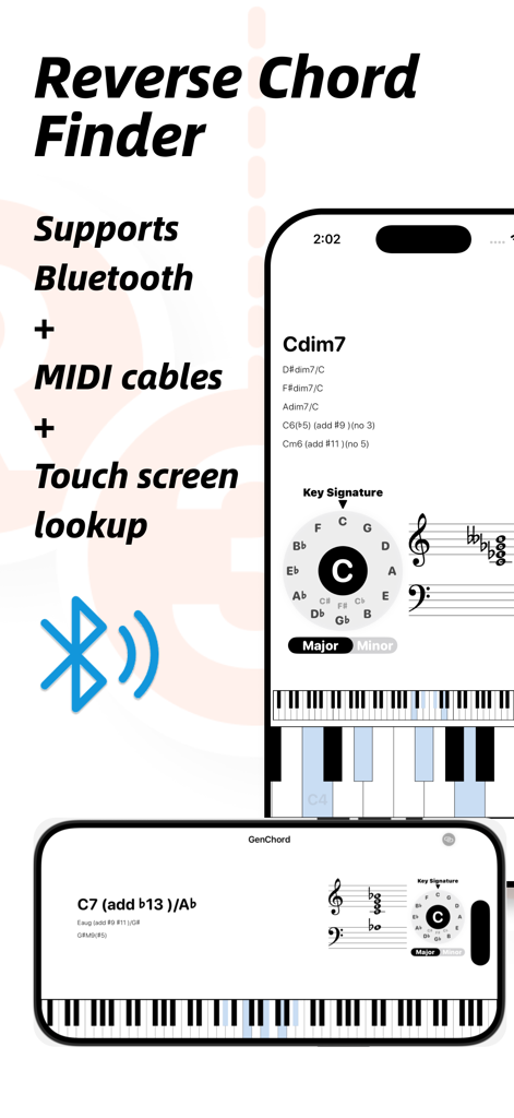 GenChord app interface displaying the reverse chord finder feature with MIDI and Bluetooth connection support