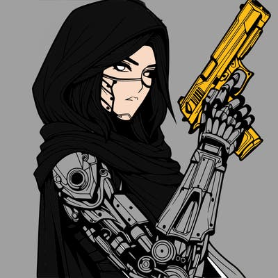 realistic female assassin with metal arm with a cape holding a gun