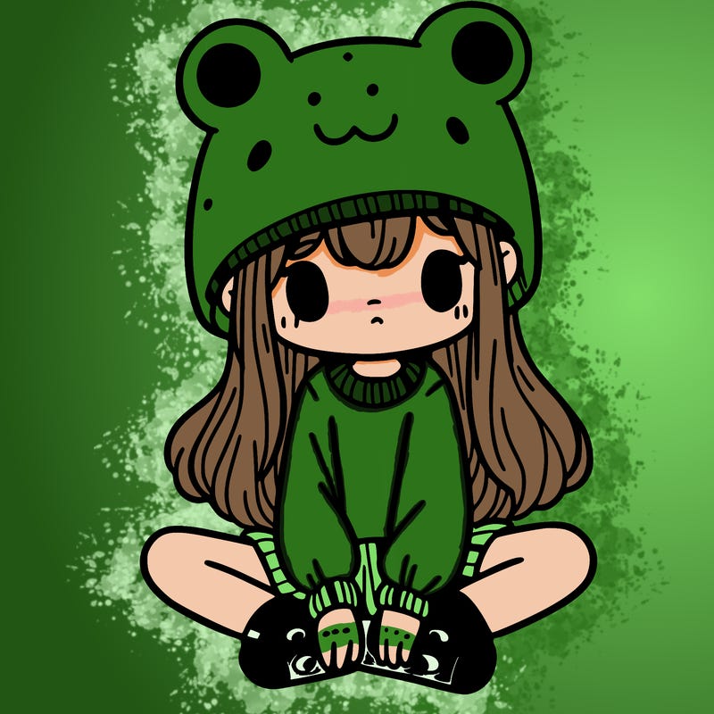 a girl wearing a frog hat and some frog socks