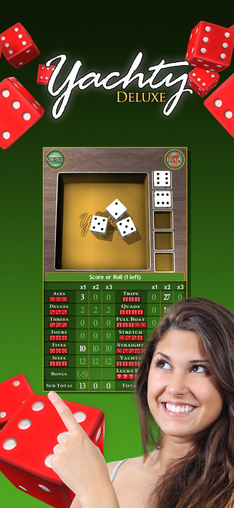 Yachty - A promotional screenshot of the Yachty Deluxe mobile game showing a dice scorecard and realistic 3D dice
