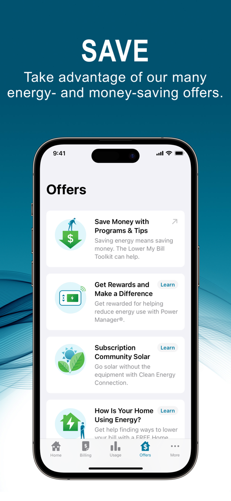 Duke Energy - Duke Energy app screen showing energy and money saving offers