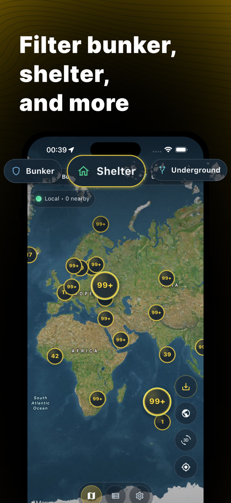 Bunkers & Shelters Map - Haven - Ein Handybildschirm, der eine Satellitenkarte mit Clustern von Sicherheitsstandorten und Filtern für Bunker-, Schutzraum- und unterirdische Bereiche anzeigt.