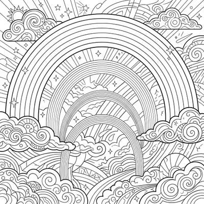 Immerse yourself in the captivating beauty of supernumerary bows with this stunning coloring template. This intricate design features multiple rainbow arcs nestled within a grand primary rainbow, surrounded by ethereal clouds and sparkling stars.