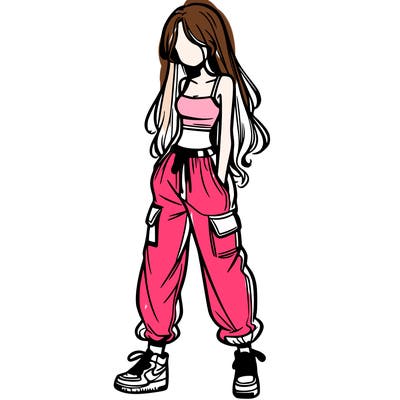 girl in baggy pants crop top and long hair