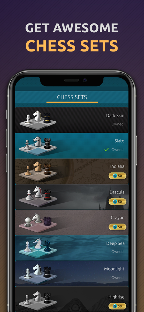 Chess Online - 2 Player Games - Un menú de aplicación móvil mostrando varios temas personalizables de conjuntos de ajedrez como Drácula y Mar Profundo