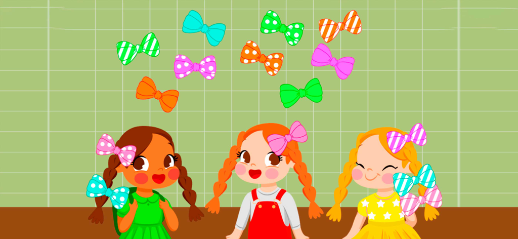 Three cartoon girls in a color and pattern matching game with bows