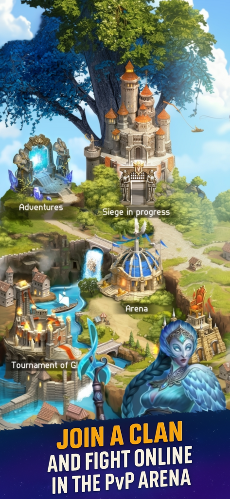 Card Heroes: CCG Magic Arena - Mapa del mundo de fantasía con un castillo y una arena para batallas pvp en línea en Card Heroes