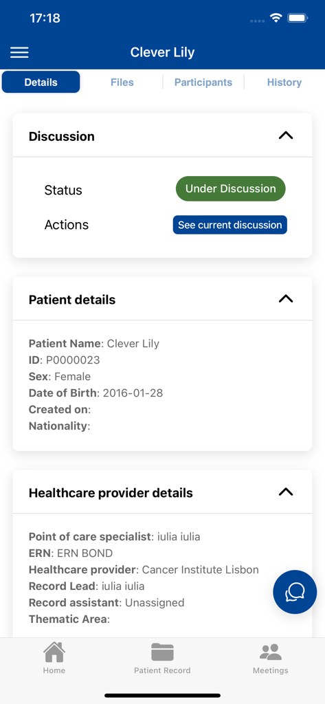 Una interfaz móvil de la aplicación EU CPMS 2.0 que muestra la demografía del paciente y el estado de la discusión del caso clínico.