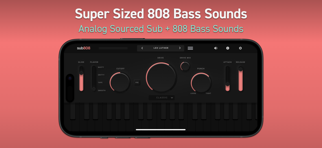 Oberfläche der sub808 Mobile App für analoge Bass-Produktion, die Synthesizer-Regler und eine Tastatur zeigt
