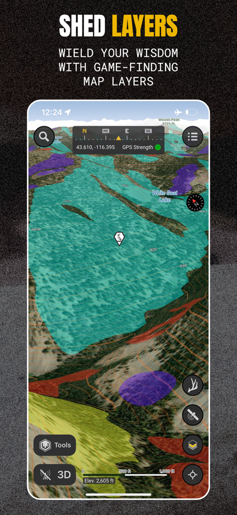 Scout To Hunt: Shed Hunt Maps - 3D topographical map with colored game finding layers for shed hunting