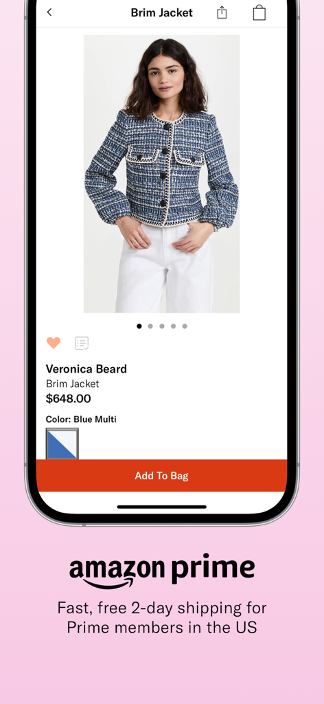 Shopbop app interface showing a Veronica Beard jacket with Amazon Prime free shipping benefits