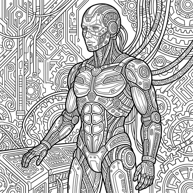 Journey into a futuristic realm with this highly detailed full-conversion cyborg coloring page. This intricate design invites you to blend the organic with the synthetic in a breathtaking display of advanced technology and artistry.