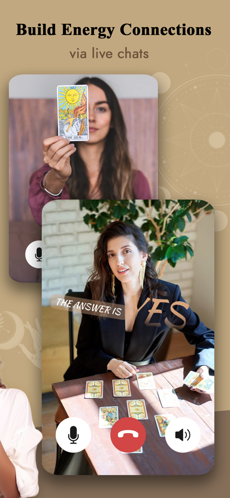 A live video chat session with a psychic advisor performing a tarot reading in the Pocket Insight app.