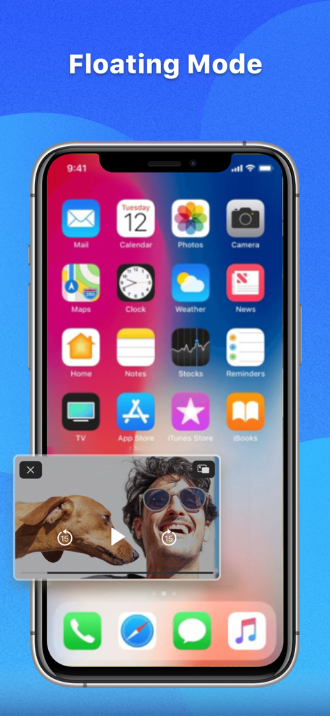 Floating Picture-in-Picture video player on iPhone home screen using Gotube app.