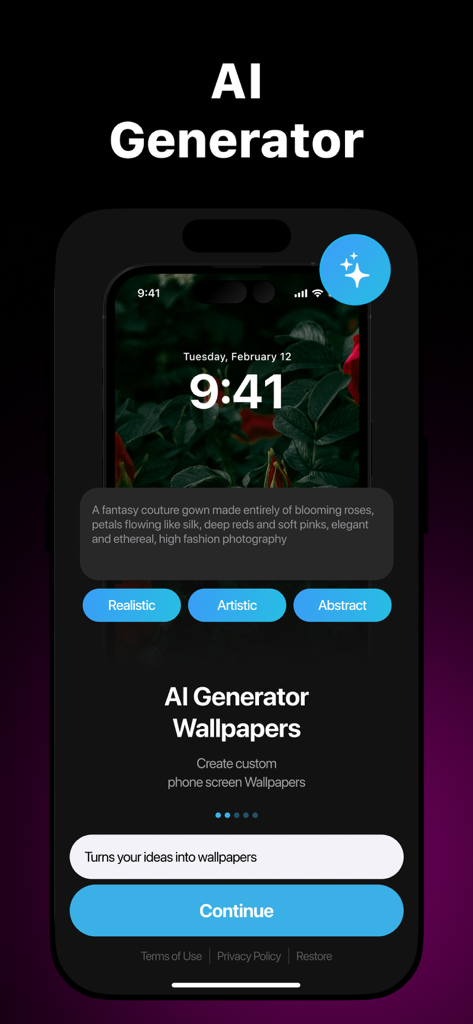 Wallpapers HD, 4K and Live - Interfaz del generador de fondos de pantalla AI dentro de la aplicación que presenta una indicación personalizada para rosas florecientes y opciones de estilo artístico.