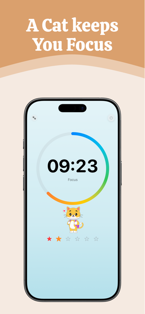 FocusFlow – Gentle - FocusFlow app screen showing a gentle focus timer with a cute cat character