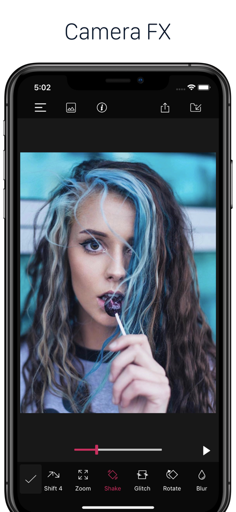 PixaMotion 3d Photo Video Loop - PixaMotion app interface showing camera effects like shake and glitch for photo animation