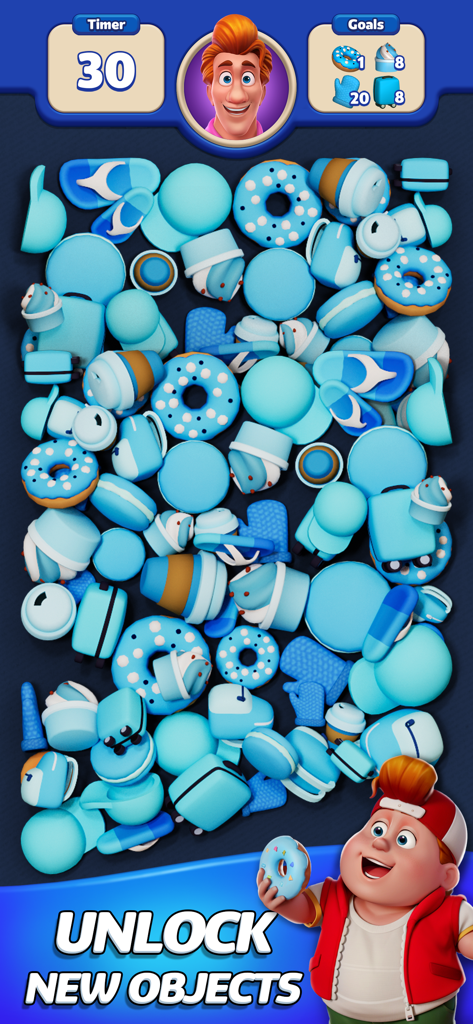 Blitz Busters - Blitz Busters mobile game screen showing a pile of blue 3D objects to match and characters from the game