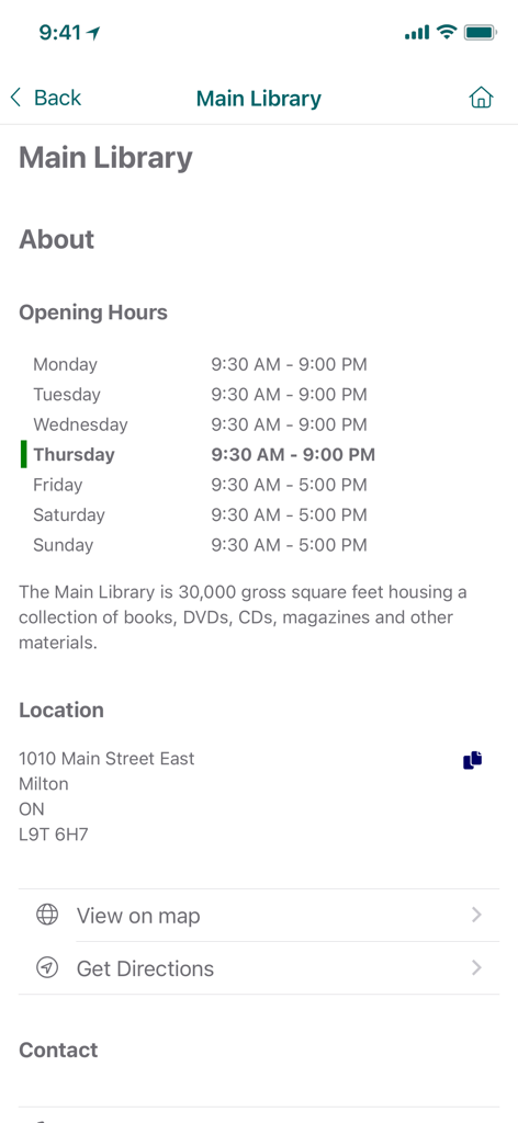 Milton Public Library - App screen showing Milton Public Library main branch opening hours and location information