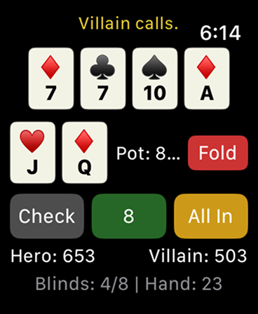 Mini-Poker - Heads-up Texas Holdem poker game interface on Apple Watch