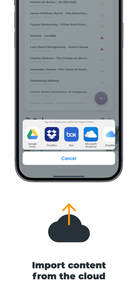 PromptSmart app interface showing options to import content from Google Drive Dropbox Box and OneDrive
