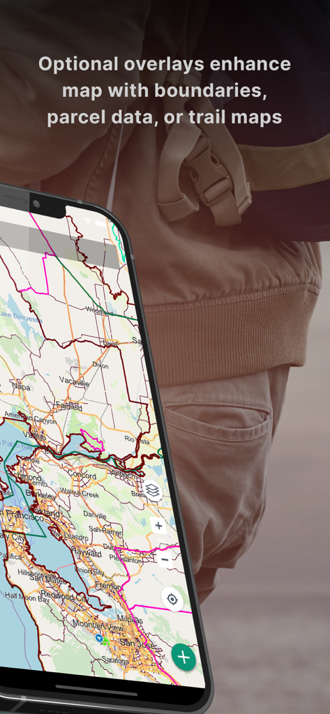 BackCountry Navigator XE app interface displaying map overlays with land boundaries and parcel data.